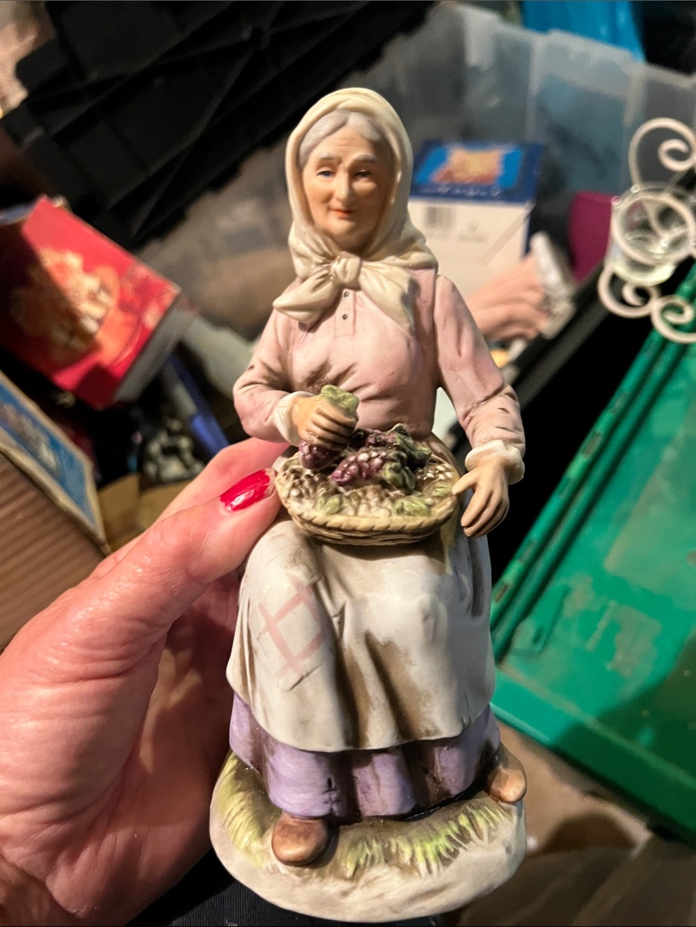 Vintage Figurine of Seated Woman with Basket - Pink & Lavender